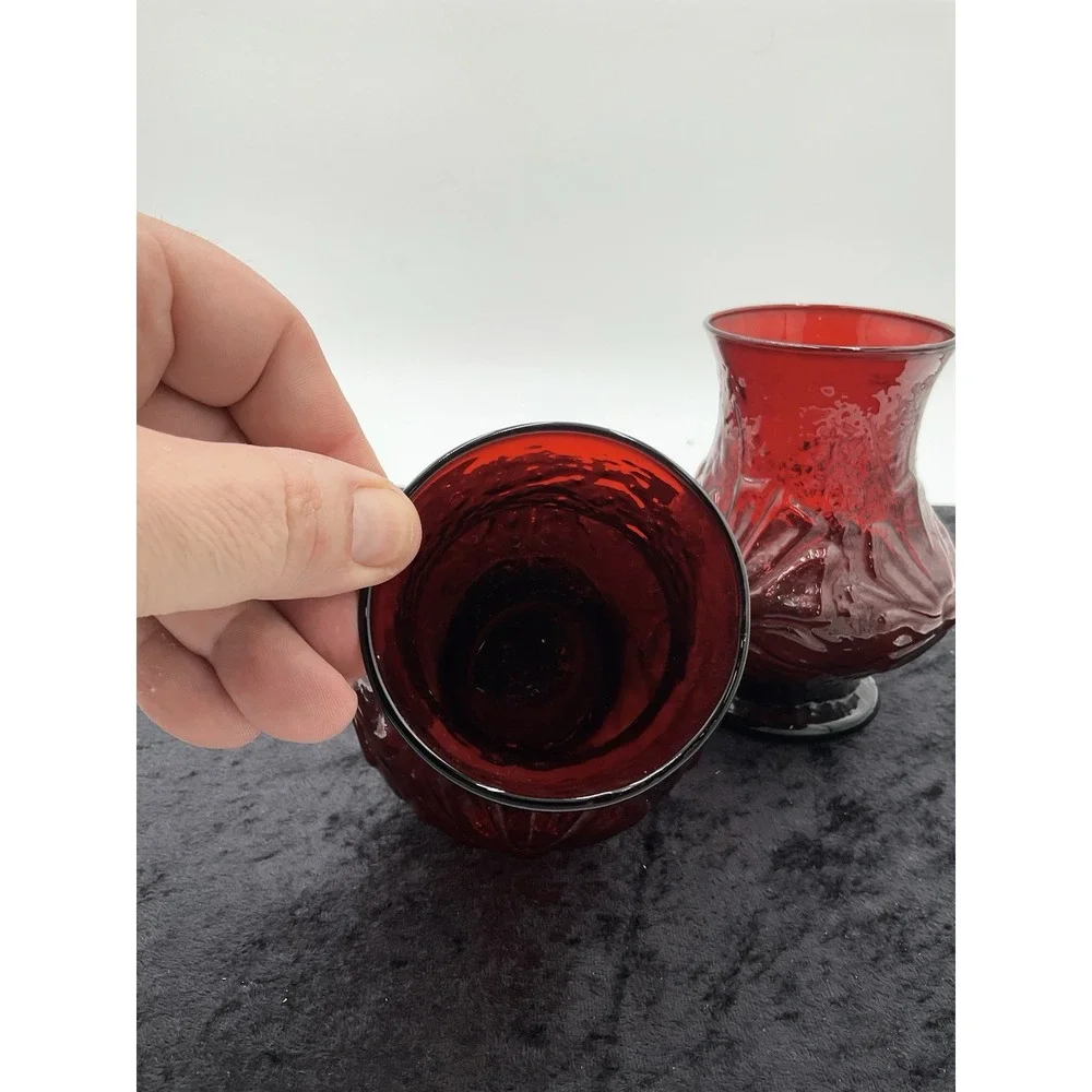 2 VIntage Royal Ruby Red Rainflower Anchor Hocking Mid Century Vases 1950s
